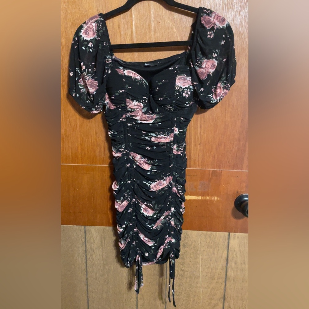 Blāshe Floral Black and Pink Ruched Dress